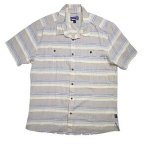 Patagonia‎ Back Step Shirt Mens XL Striped Hemp Organic Cotton Short Sleeve